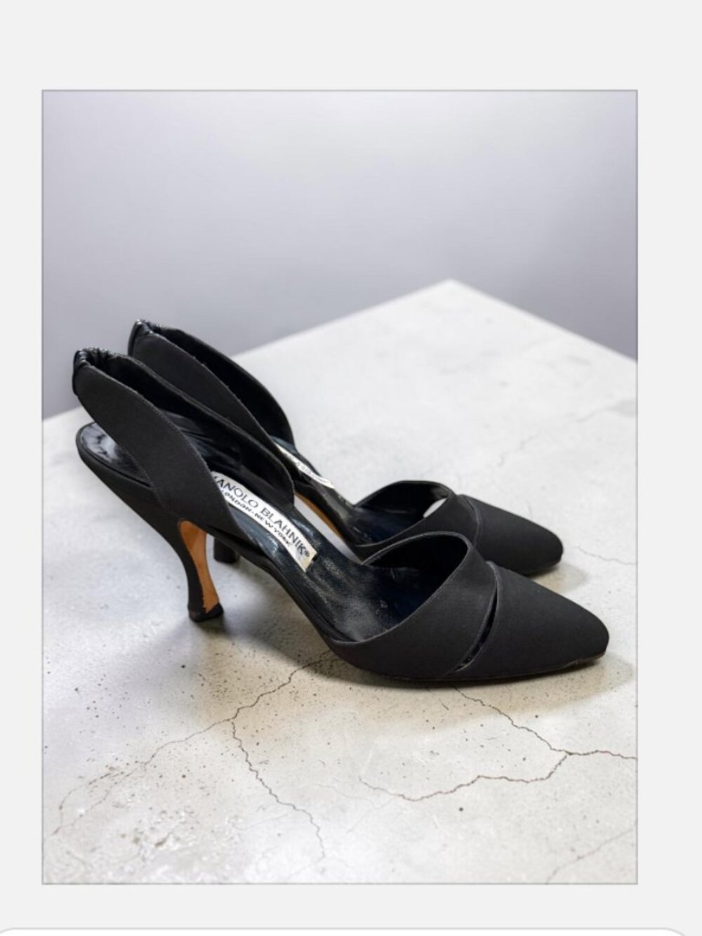 Manolo Blahnik Black Satin Slingback Kitten Heel Pumps Pointed Toe EU 38.5